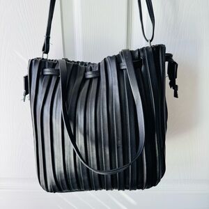 Black Pleated Faux Leather Shoulder Bag